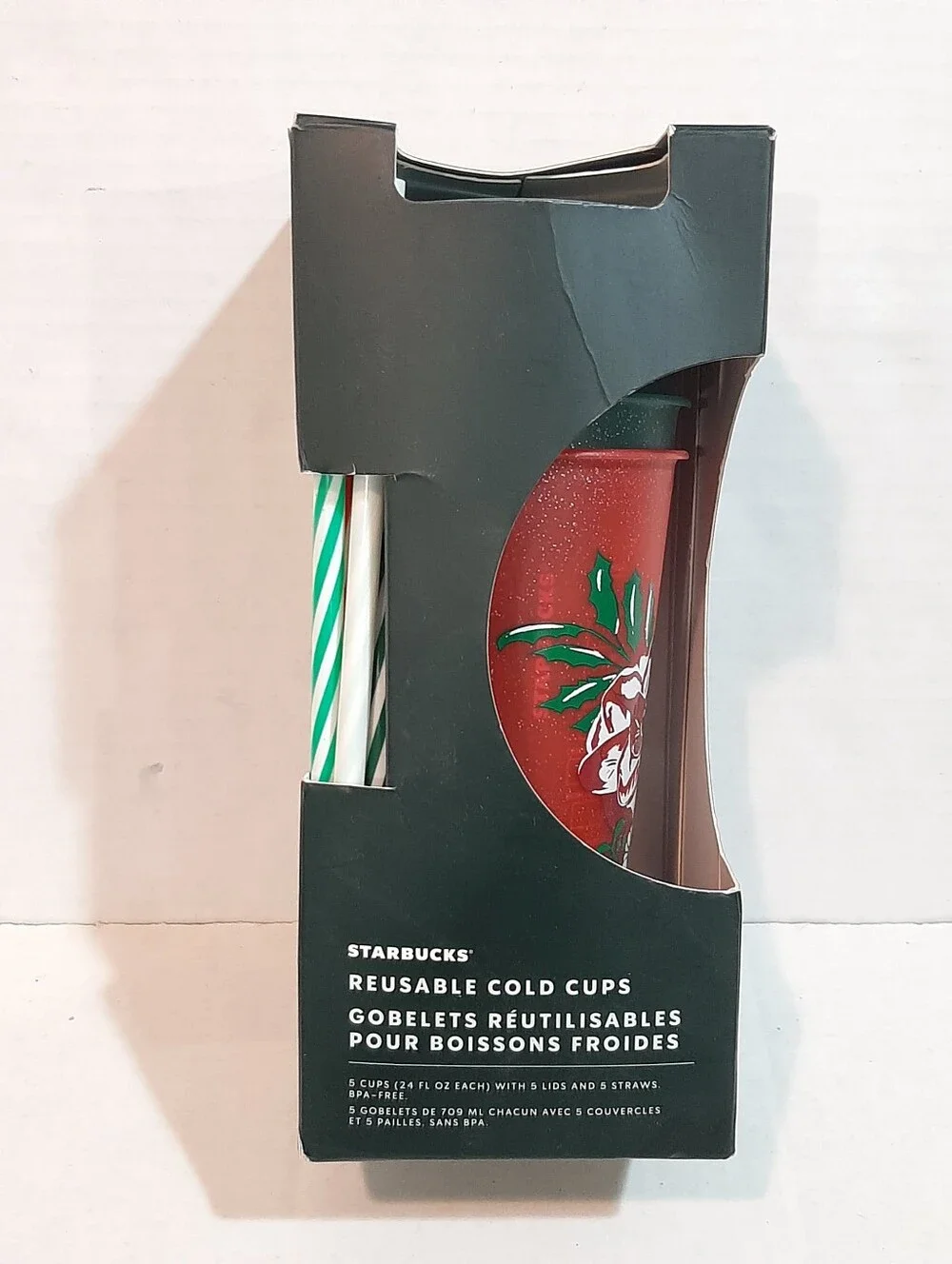 Set of 5 Starbucks 2022 Holiday Collection reusable cold cups w/ lids and straws